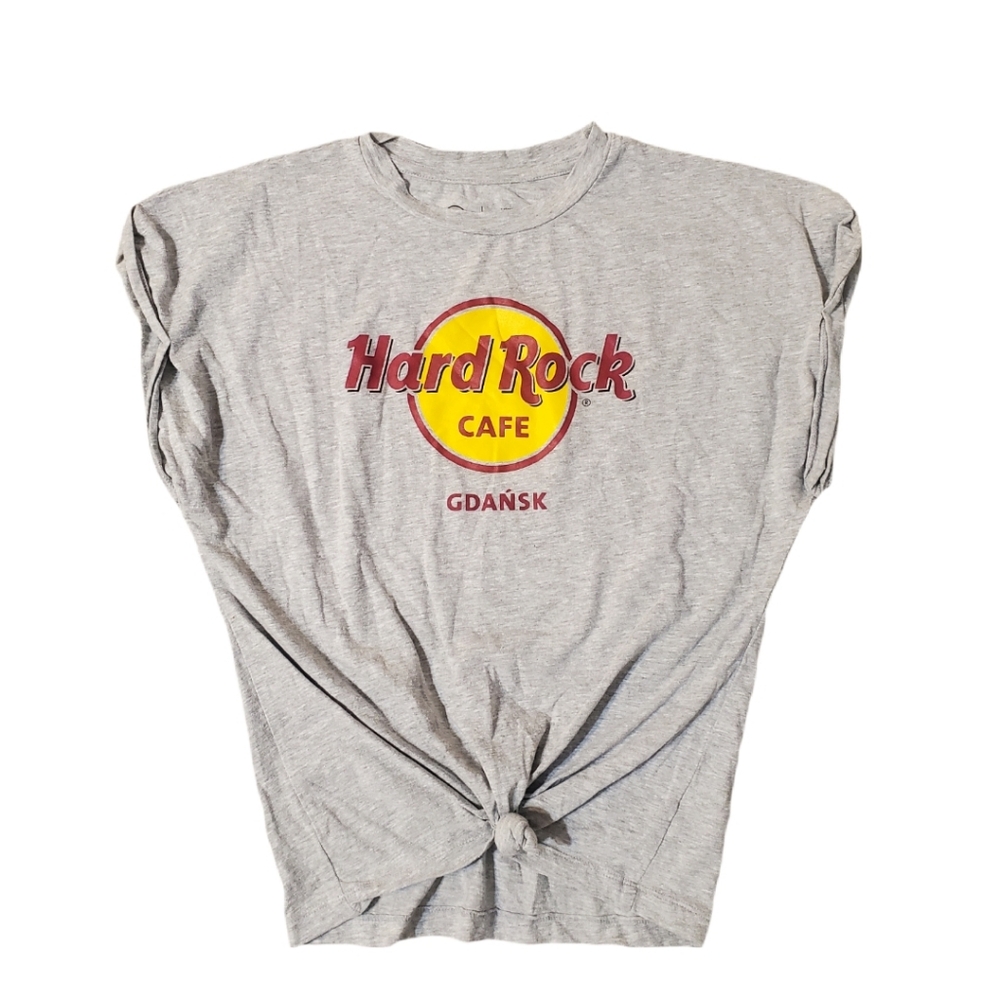 Hard Rock‎ Cafe Women's Gray Knotted Front Gdansk Cap Sleeve T-shirt Small
